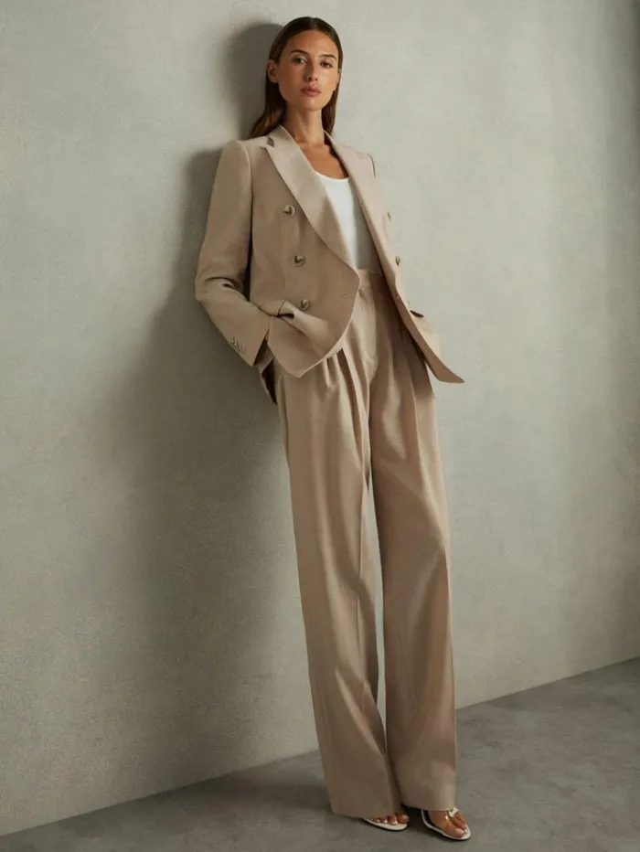 REISS Suits and Tailoring Women Wool Pleat Front Wide Leg Suit Trousers Neutral REISS Suits and Tailoring Women Wool Pleat Front Wide Leg Suit Trousers Neutral