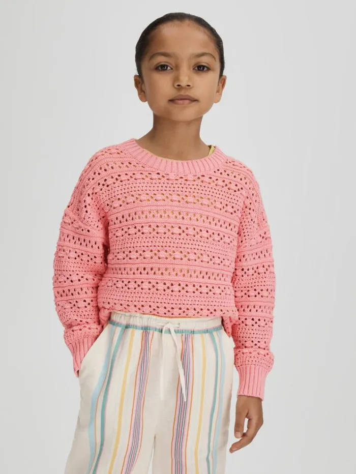 REISS Sweaters Children Crochet Crew Neck Jumper Pink
