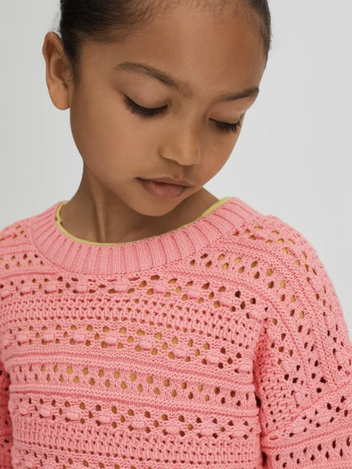 REISS Sweaters Children Crochet Crew Neck Jumper Pink