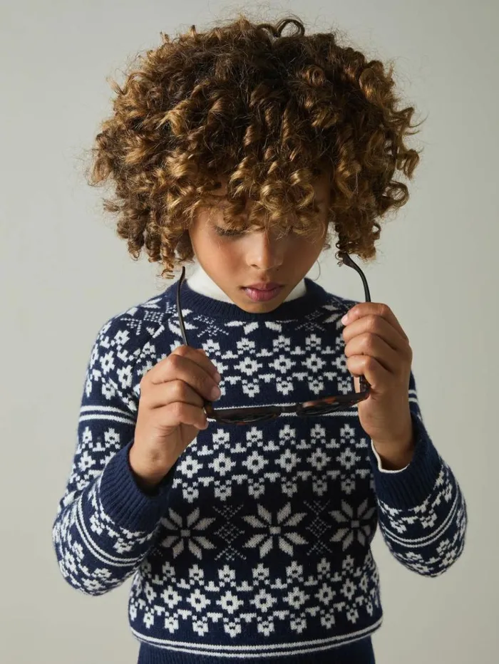 REISS Sweaters Children Merino FairIsle Jumper Bright Navy Bluewhite
