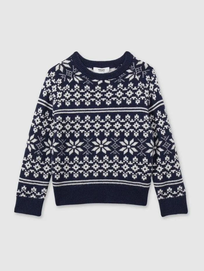 REISS Sweaters Children Merino FairIsle Jumper Bright Navy Bluewhite
