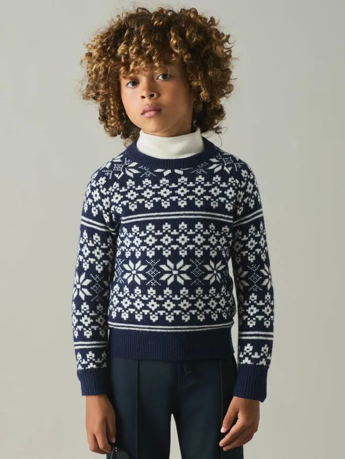 REISS Sweaters Children Merino FairIsle Jumper Bright Navy Bluewhite