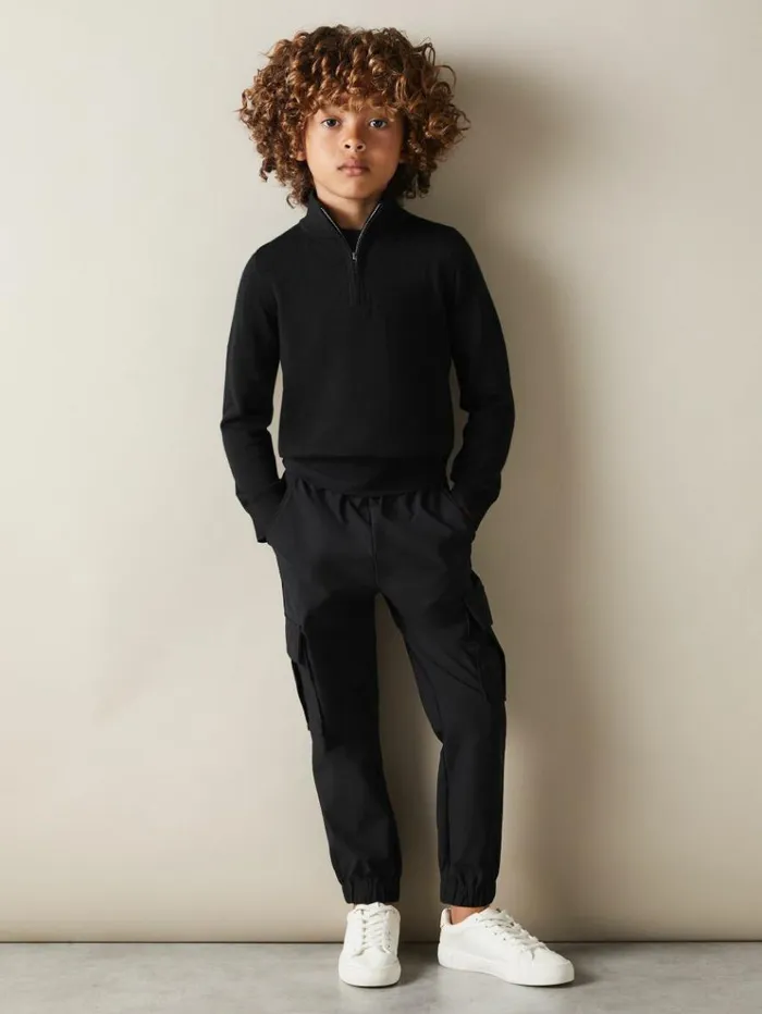 REISS Sweaters Children Merino Wool HalfZip Funnel Neck Jumper Black