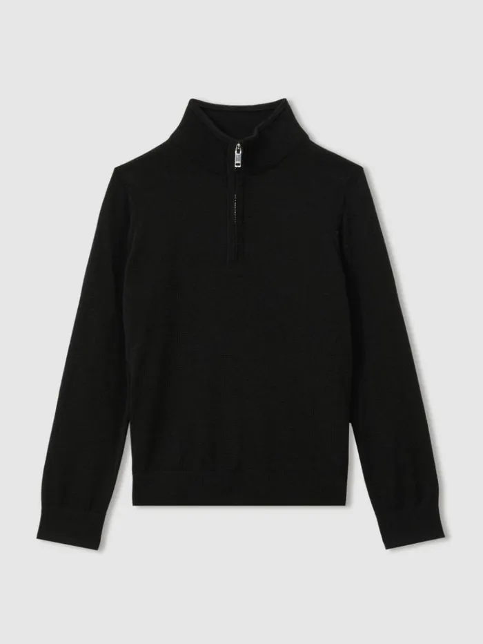 REISS Sweaters Children Merino Wool HalfZip Funnel Neck Jumper Black