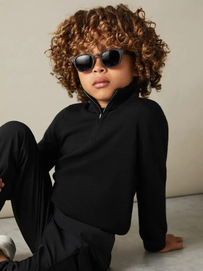 REISS Sweaters Children Merino Wool HalfZip Funnel Neck Jumper Black