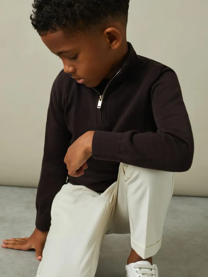 REISS Sweaters Children Merino Wool HalfZip Funnel Neck Jumper Coco Brown