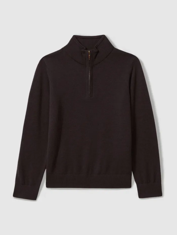 REISS Sweaters Children Merino Wool HalfZip Funnel Neck Jumper Coco Brown