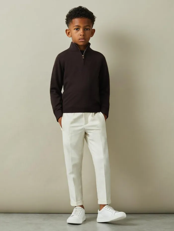 REISS Sweaters Children Merino Wool HalfZip Funnel Neck Jumper Coco Brown