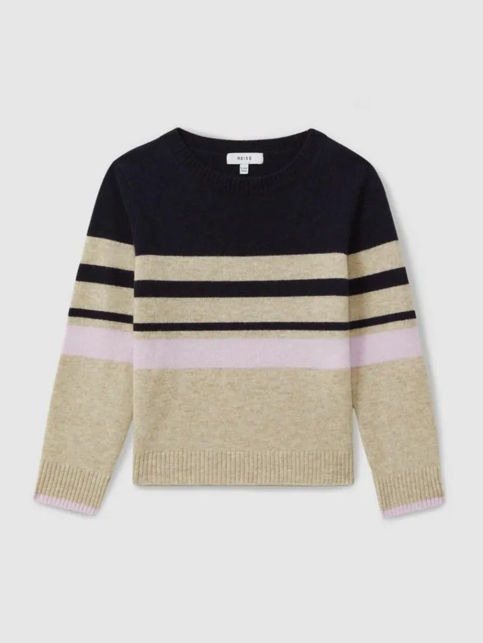 REISS Sweaters Children Wool Blend Striped Crew Neck Jumper Navy