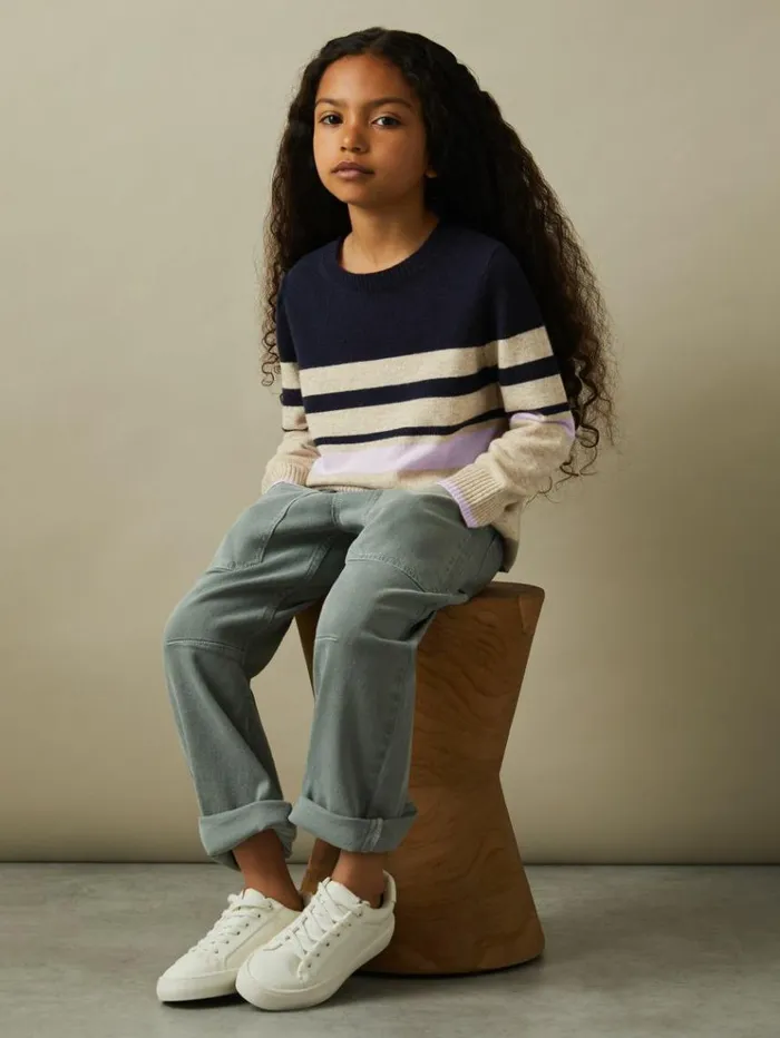 REISS Sweaters Children Wool Blend Striped Crew Neck Jumper Navy