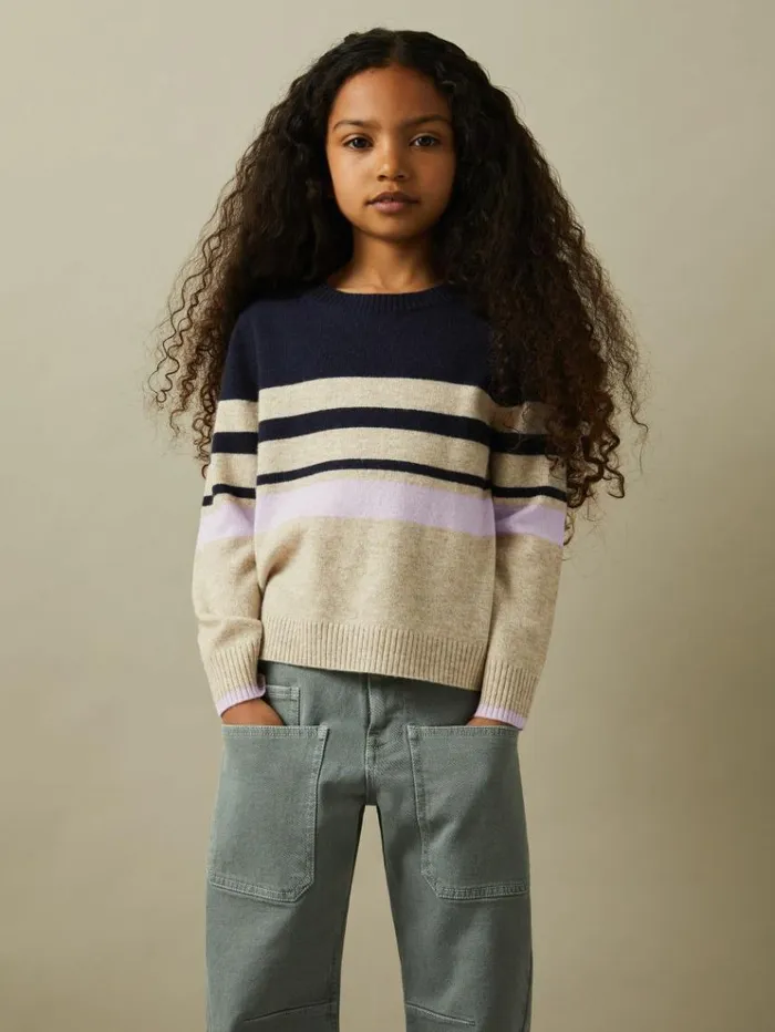 REISS Sweaters Children Wool Blend Striped Crew Neck Jumper Navy