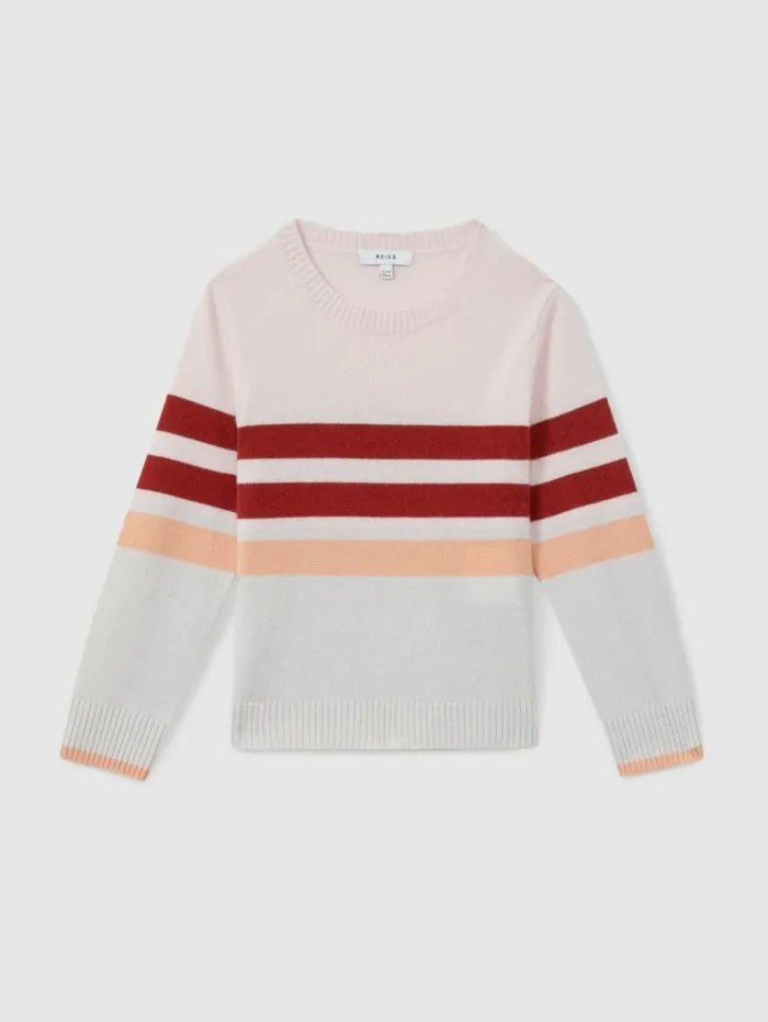 REISS Sweaters Children Wool Blend Striped Crew Neck Jumper Pink
