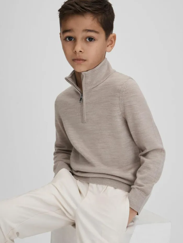 REISS Sweaters Children Wool HalfZip Funnel Neck Jumper Wheat Melange