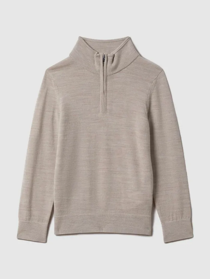 REISS Sweaters Children Wool HalfZip Funnel Neck Jumper Wheat Melange