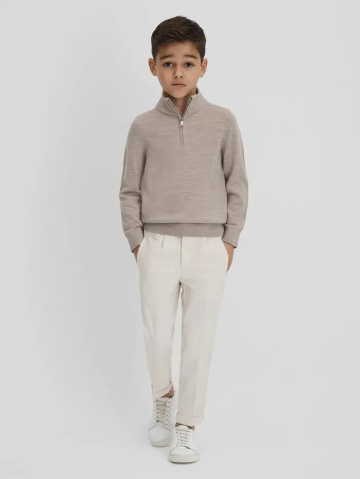 REISS Sweaters Children Wool HalfZip Funnel Neck Jumper Wheat Melange