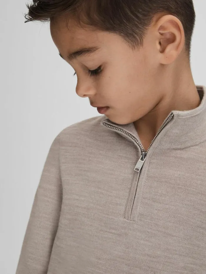 REISS Sweaters Children Wool HalfZip Funnel Neck Jumper Wheat Melange