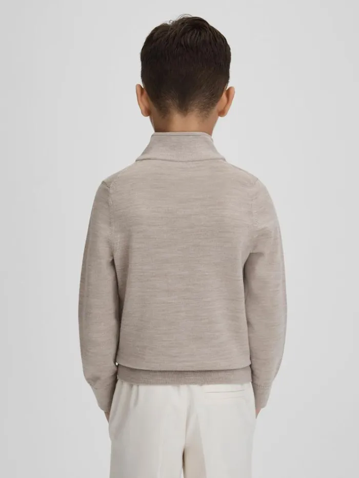 REISS Sweaters Children Wool HalfZip Funnel Neck Jumper Wheat Melange