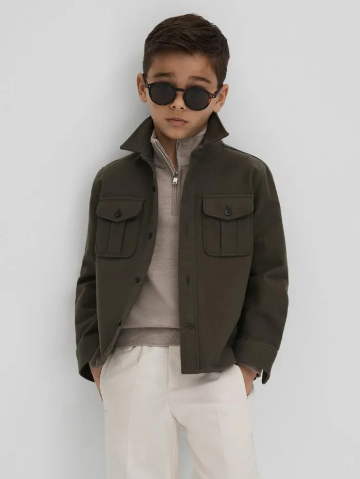 REISS Sweaters Children Wool HalfZip Funnel Neck Jumper Wheat Melange