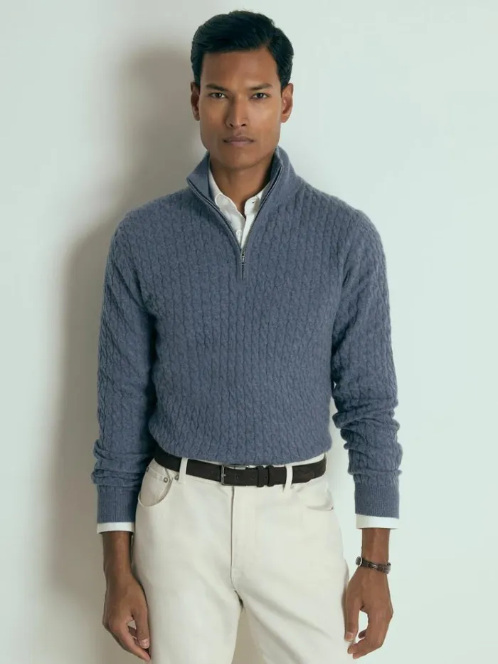 REISS Sweaters Men Atelier Cabled Cashmere Zip Neck Jumper Airforce Blue Melange REISS Sweaters Men Atelier Cabled Cashmere Zip Neck Jumper Airforce Blue Melange