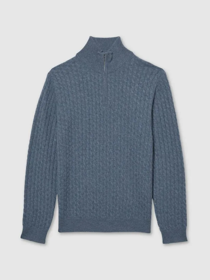 REISS Sweaters Men Atelier Cabled Cashmere Zip Neck Jumper Airforce Blue Melange
