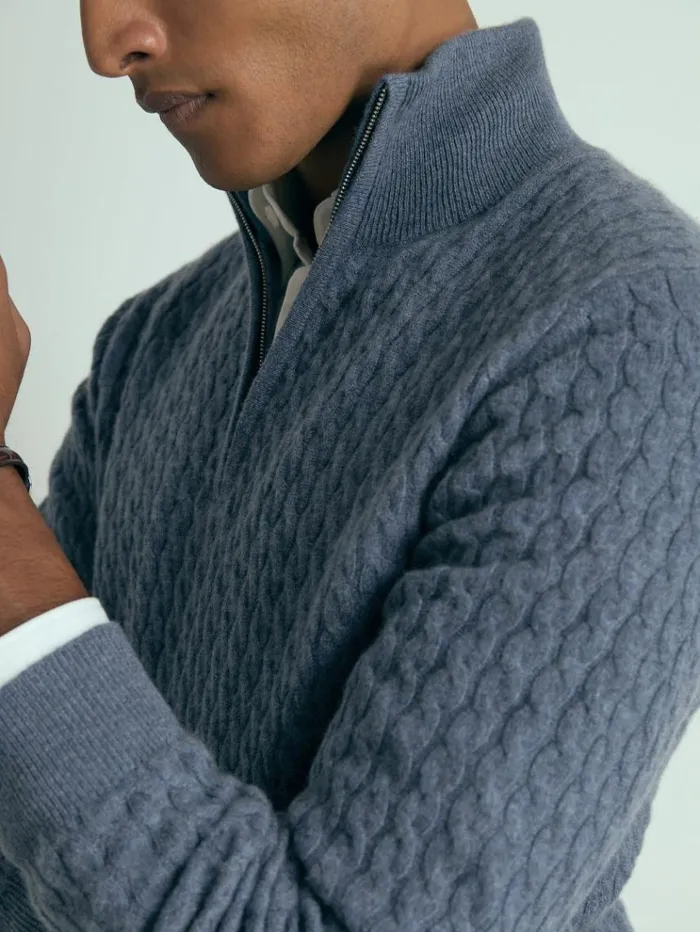 REISS Sweaters Men Atelier Cabled Cashmere Zip Neck Jumper Airforce Blue Melange