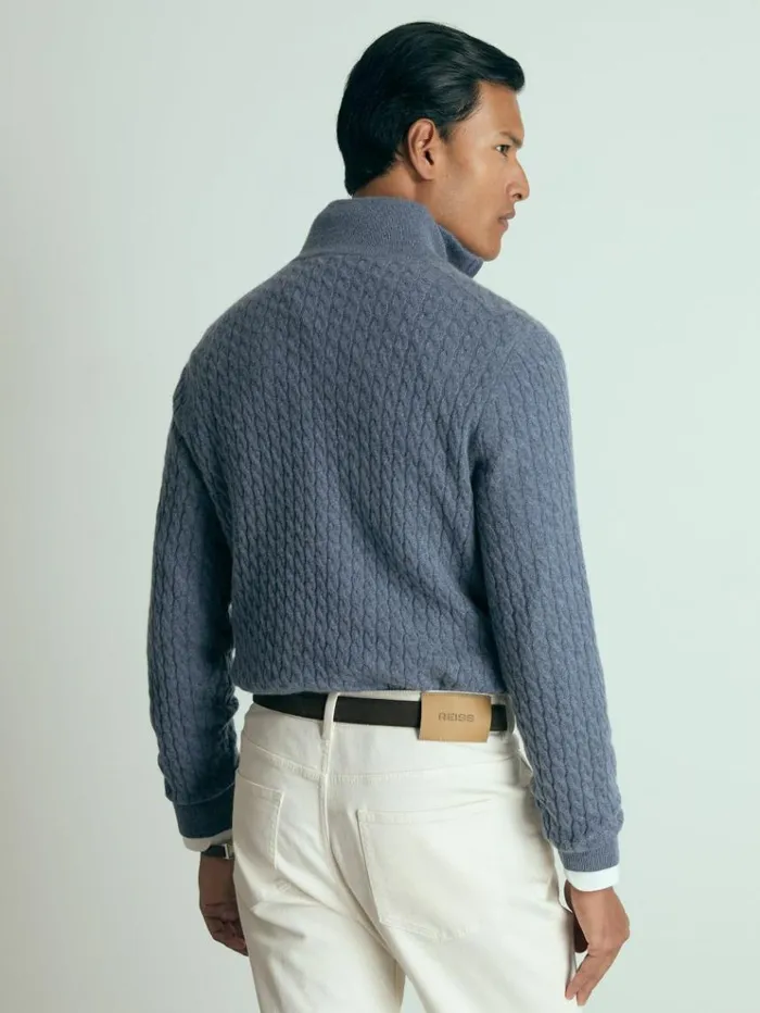 REISS Sweaters Men Atelier Cabled Cashmere Zip Neck Jumper Airforce Blue Melange
