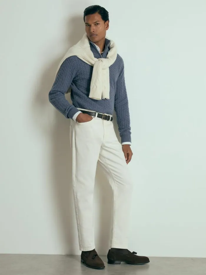 REISS Sweaters Men Atelier Cabled Cashmere Zip Neck Jumper Airforce Blue Melange