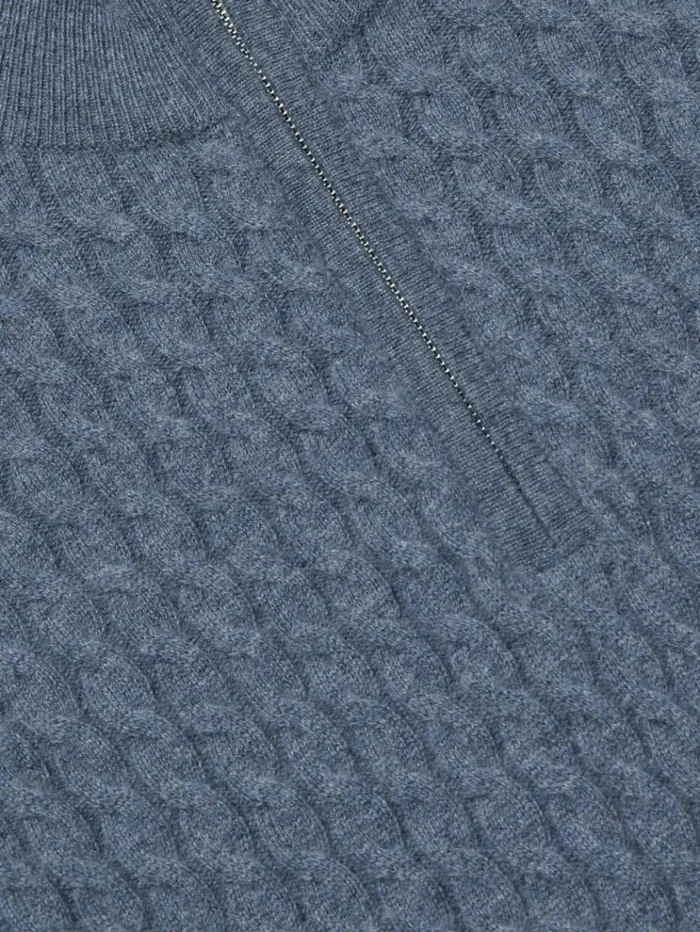REISS Sweaters Men Atelier Cabled Cashmere Zip Neck Jumper Airforce Blue Melange