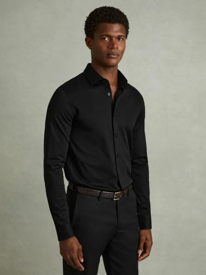 REISS Sweaters Men Mercerised Cotton Jersey Shirt Black
