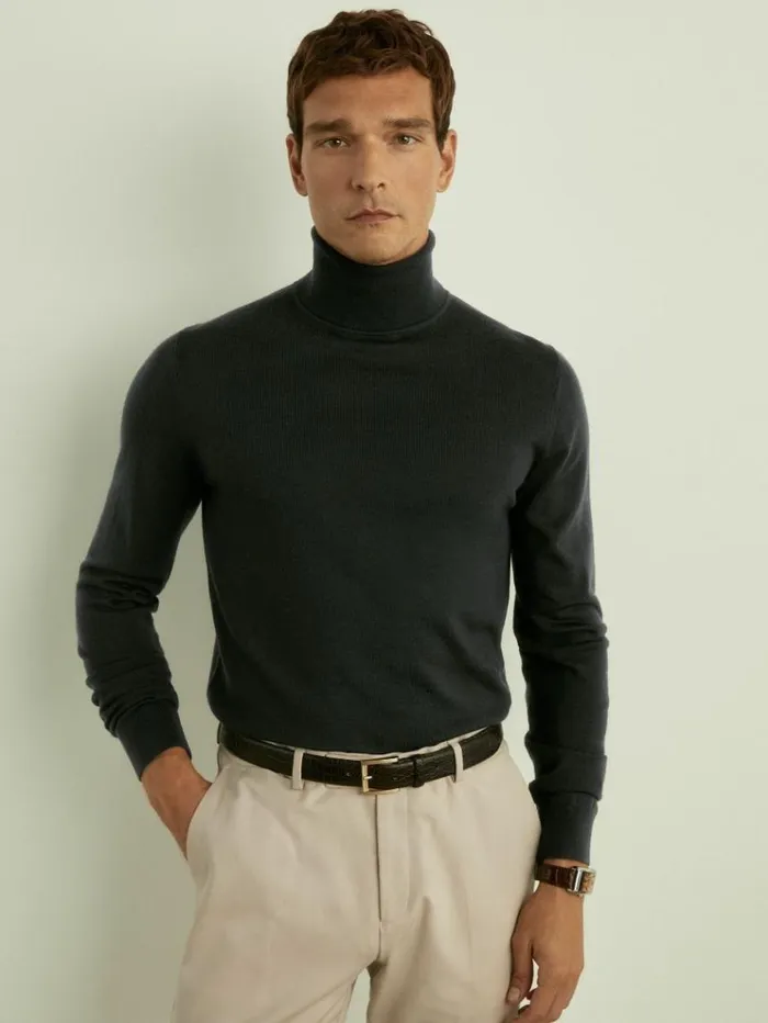 REISS Sweaters Men Merino Roll Neck Jumper Dark Military Green