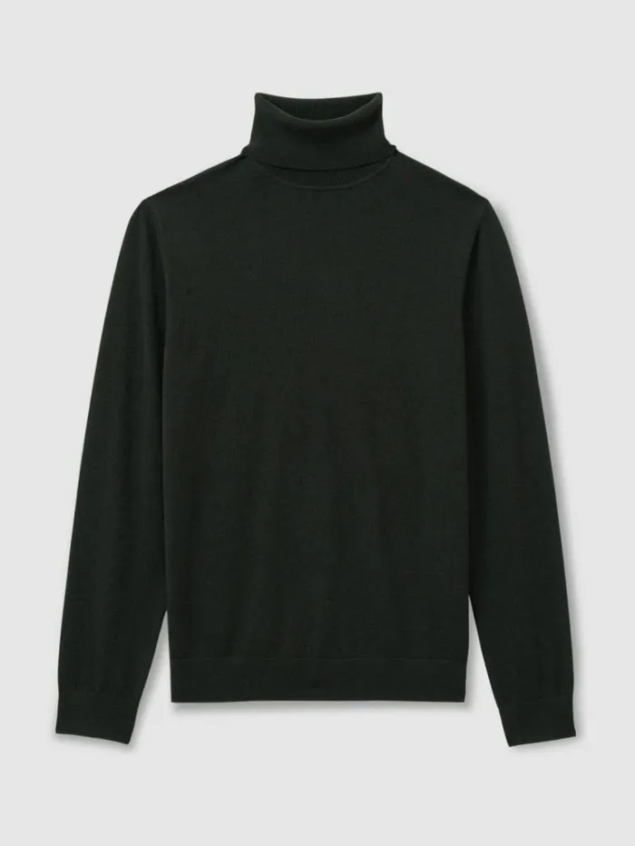 REISS Sweaters Men Merino Roll Neck Jumper Dark Military Green