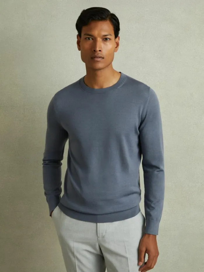 REISS Sweaters Men Merino Wool Crew Neck Jumper Airforce Blue