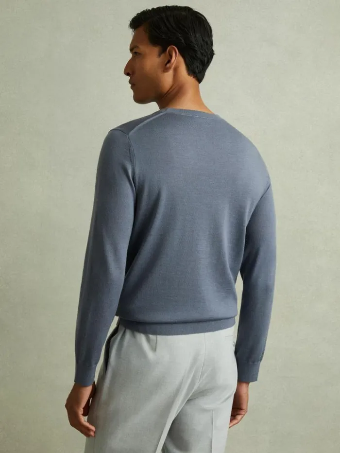 REISS Sweaters Men Merino Wool Crew Neck Jumper Airforce Blue