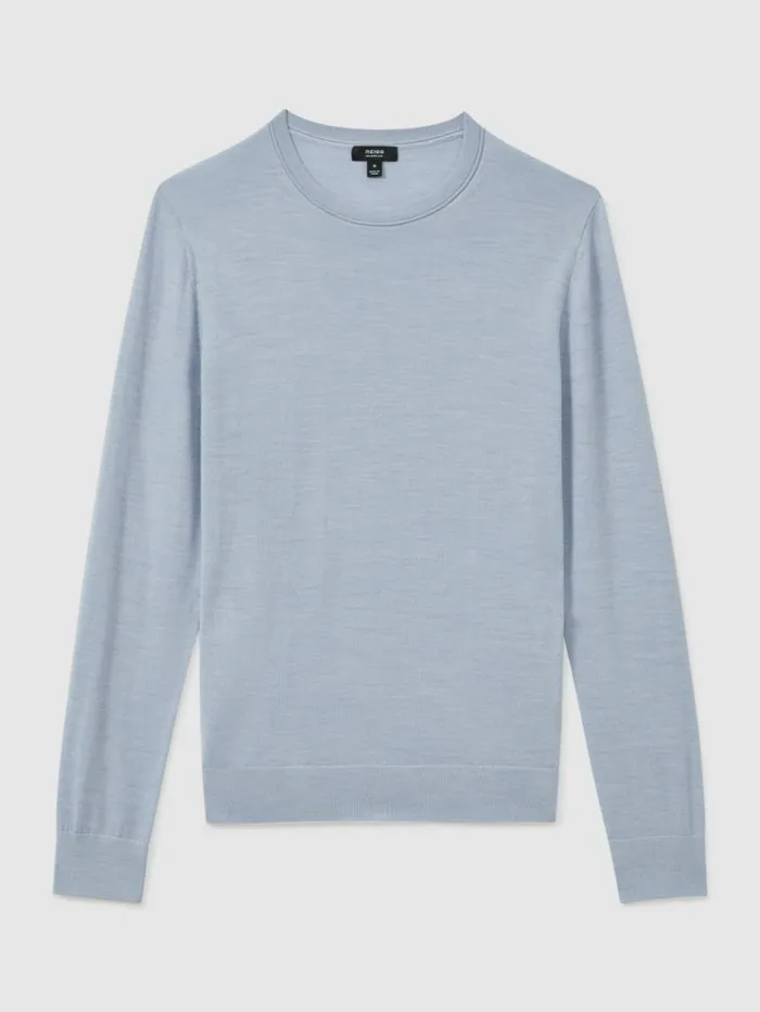REISS Sweaters Men Merino Wool Crew Neck Jumper Soft Blue Melange