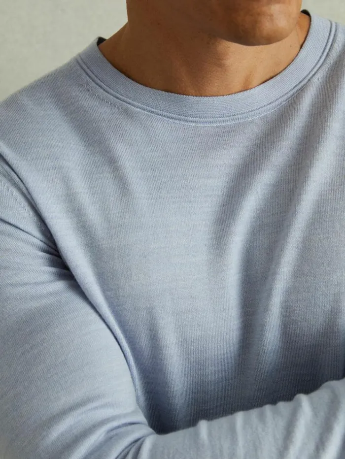 REISS Sweaters Men Merino Wool Crew Neck Jumper Soft Blue Melange