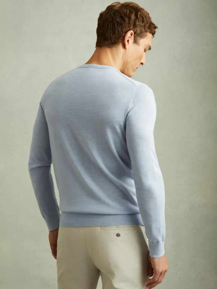 REISS Sweaters Men Merino Wool Crew Neck Jumper Soft Blue Melange