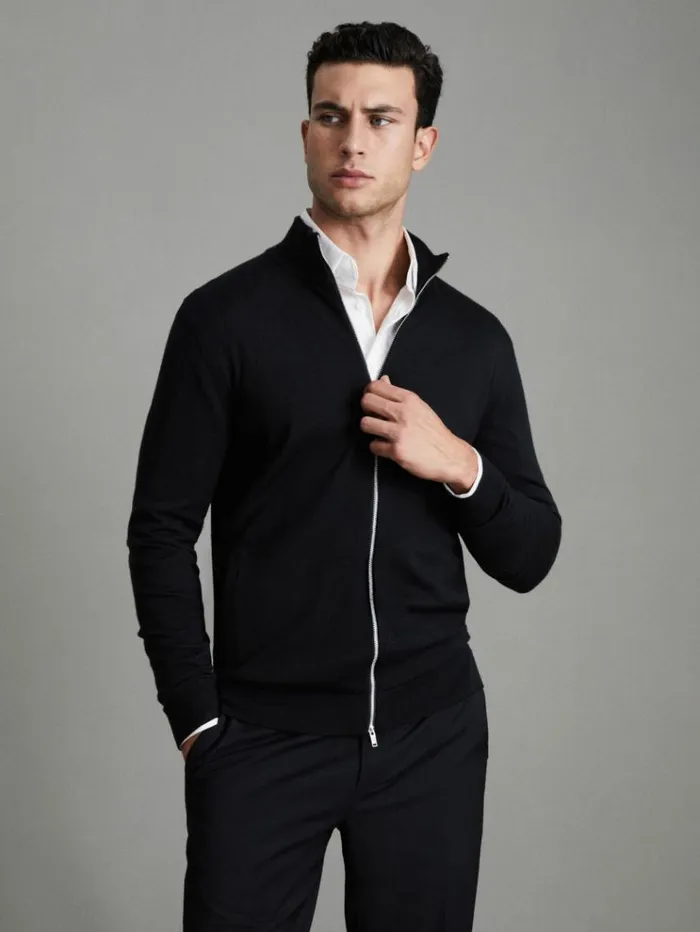 REISS Sweaters Men Merino Wool FunnelNeck Cardigan Black