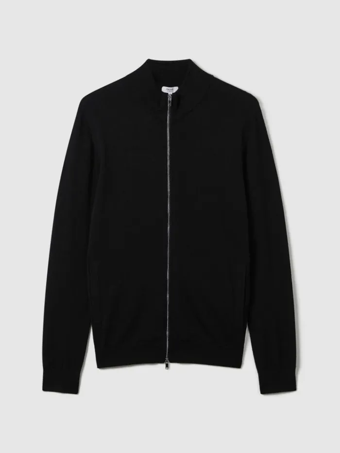 REISS Sweaters Men Merino Wool FunnelNeck Cardigan Black