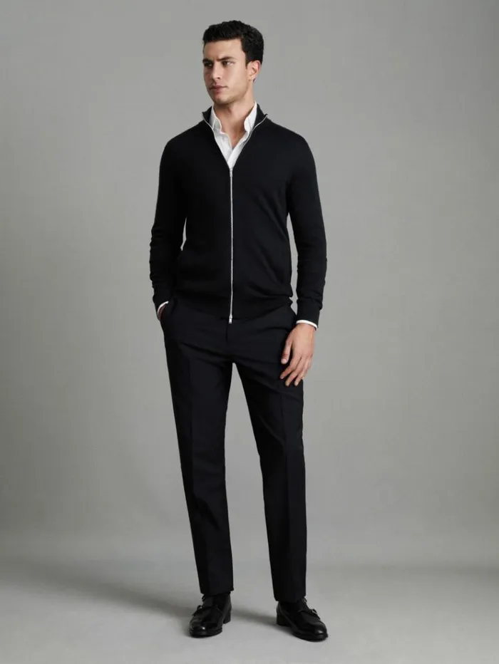 REISS Sweaters Men Merino Wool FunnelNeck Cardigan Black