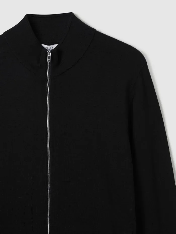 REISS Sweaters Men Merino Wool FunnelNeck Cardigan Black