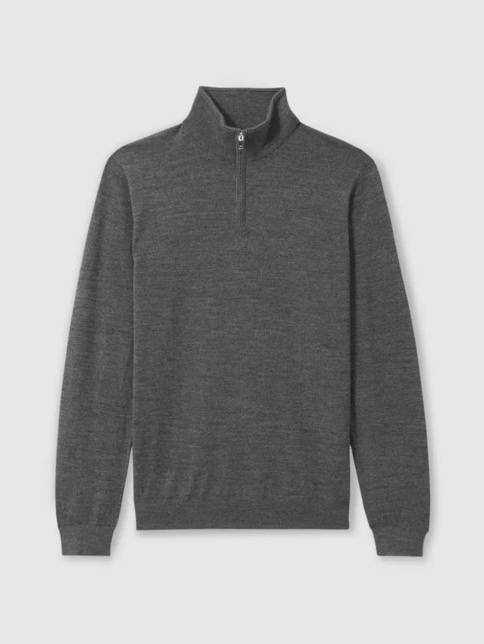 REISS Sweaters Men Merino Wool HalfZip Funnel Neck Jumper Derby Grey Marl