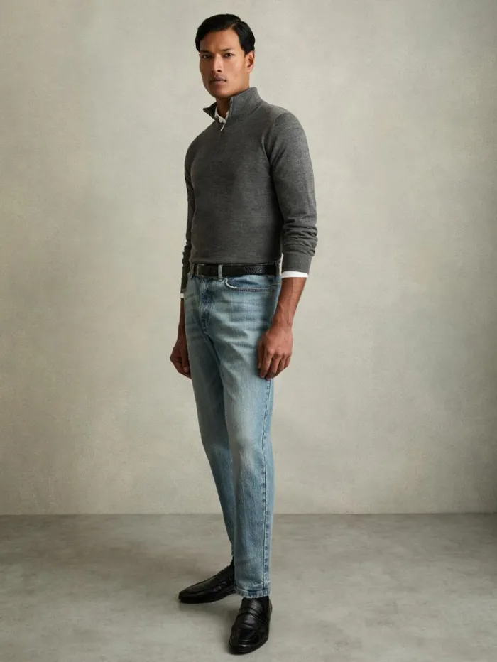REISS Sweaters Men Merino Wool HalfZip Funnel Neck Jumper Derby Grey Marl