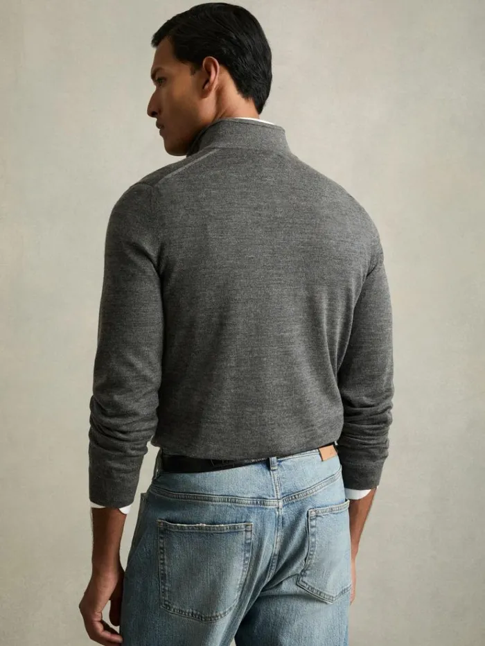 REISS Sweaters Men Merino Wool HalfZip Funnel Neck Jumper Derby Grey Marl