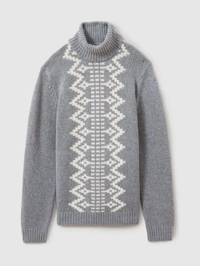 REISS Sweaters Men Wool Blend Fair Isle RollNeck Jumper Grey