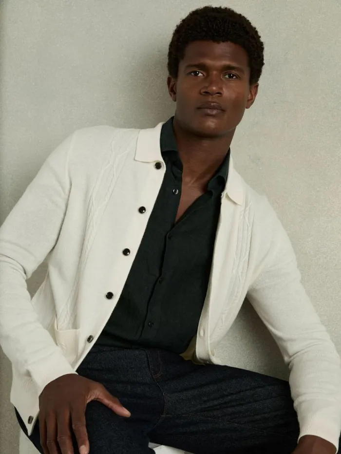 REISS Sweaters Men Wool Cabled Knitted Cardigan White