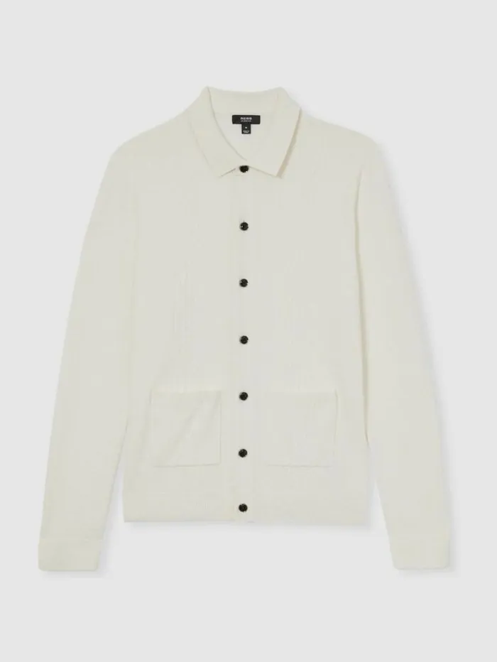 REISS Sweaters Men Wool Cabled Knitted Cardigan White