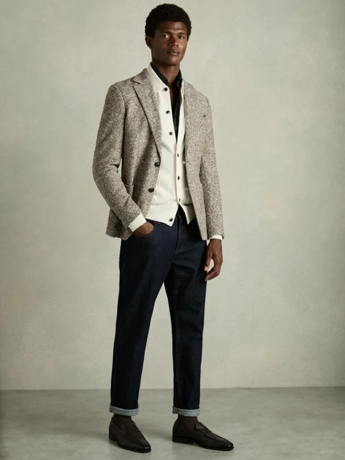 REISS Sweaters Men Wool Cabled Knitted Cardigan White