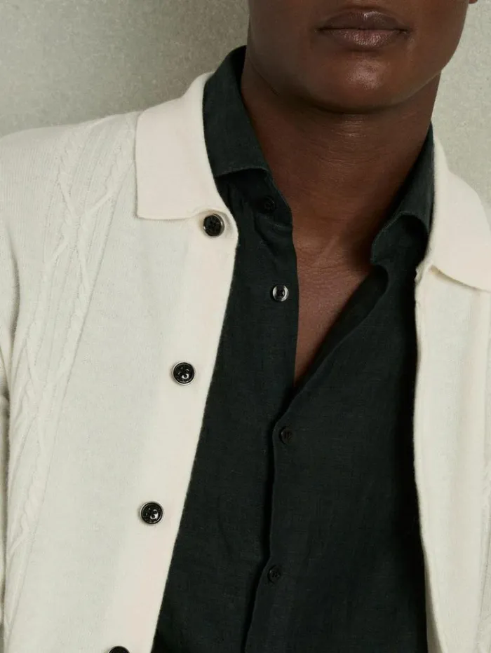 REISS Sweaters Men Wool Cabled Knitted Cardigan White