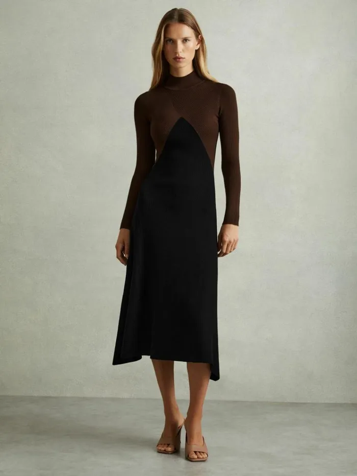 REISS Sweaters Women Colourblock Ribbed Midi Dress Chocolateblack