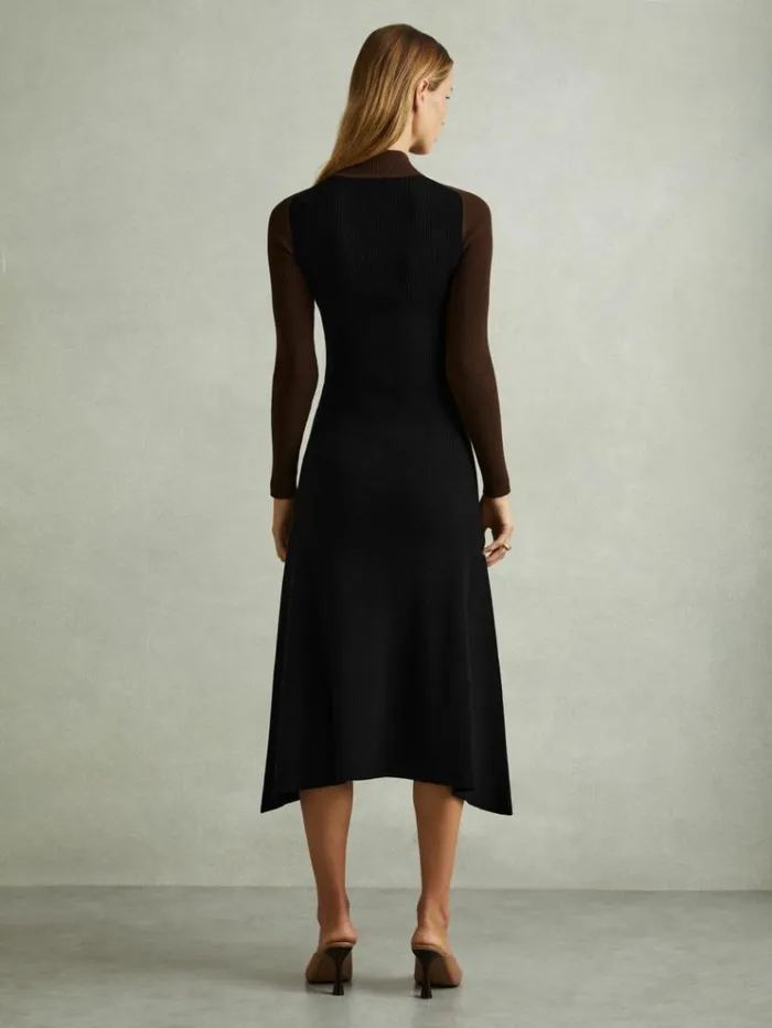 REISS Sweaters Women Colourblock Ribbed Midi Dress Chocolateblack